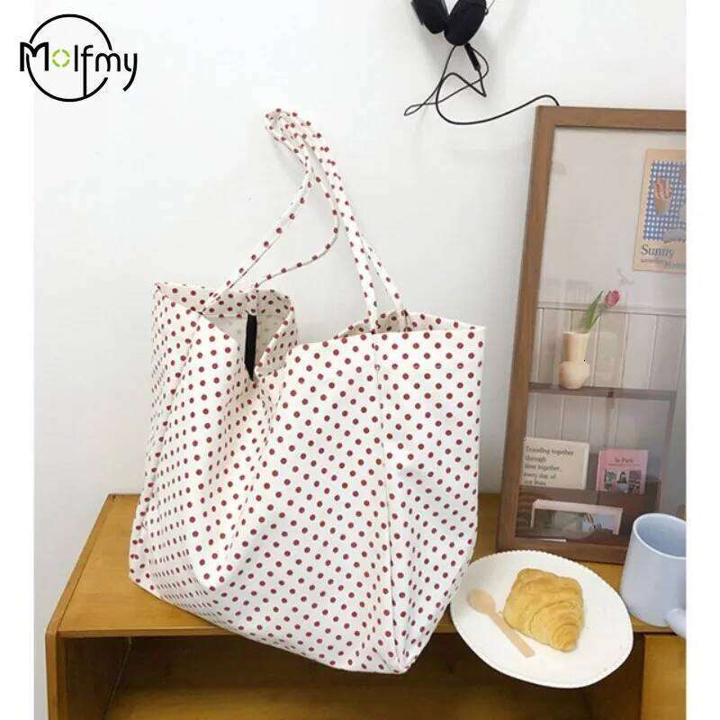 Casual Shoulder Large Capacity Canvas Shopping Bag Dot High Quality Eco Reusable Handbag for Women Totes Bags Daily Pouch Y260205