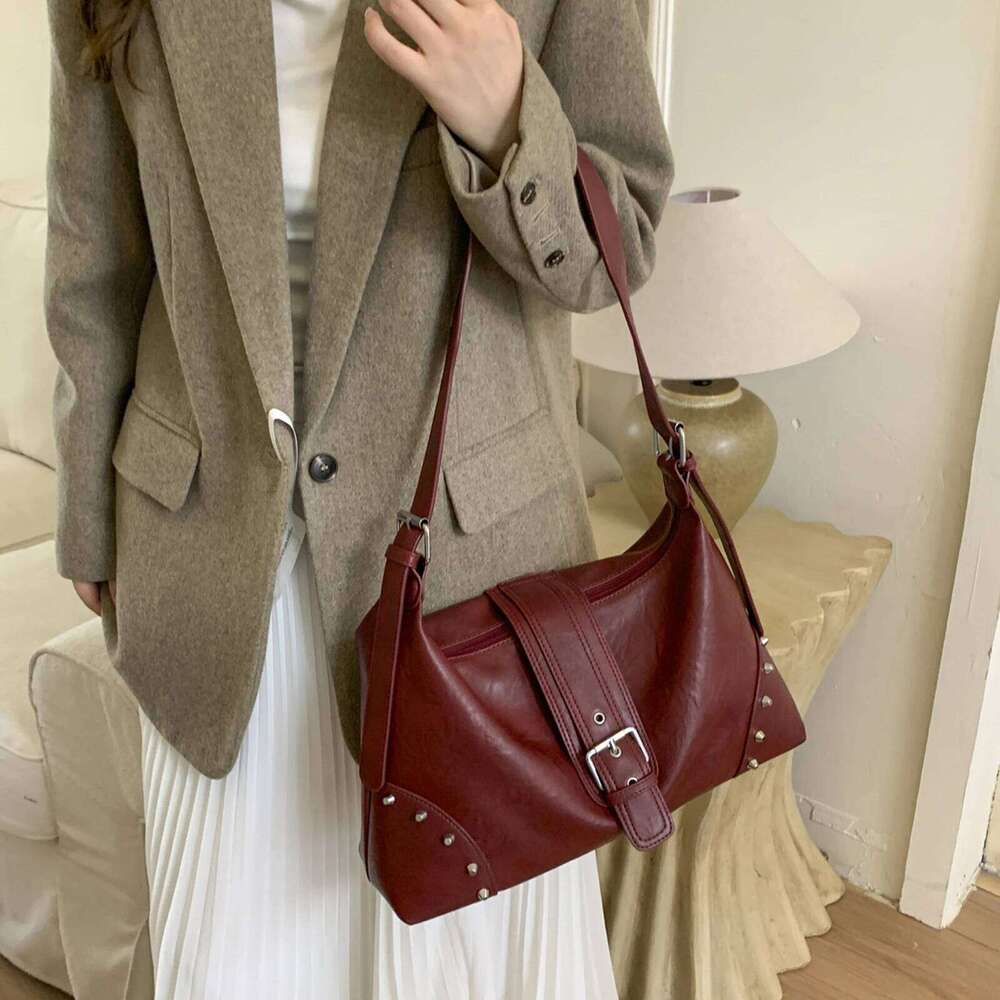 Retro Motocycle Shoulder Rivet Crescent Hobo PU Top-Handle Tote Bag with Belt Buckle for Women Work Travel Daily Use Y260205
