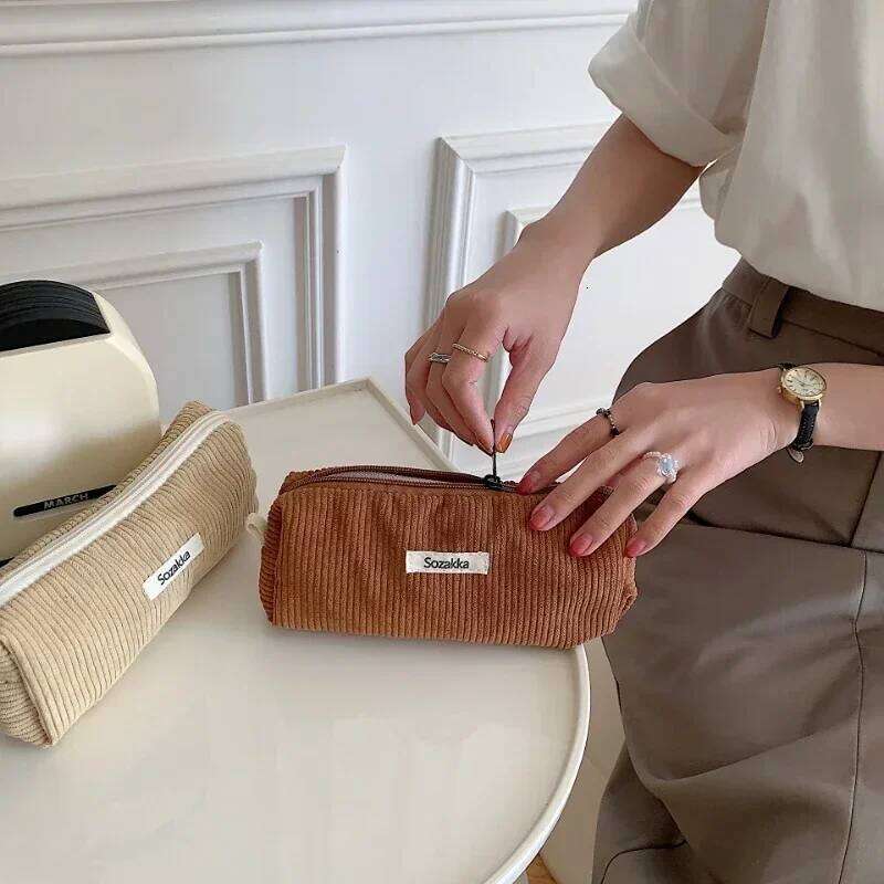 Lady Zipper Travel Toiletry Necesserie Organizer Student Cute Pencil Case Korean Corduroy Cosmetic Bag Small Makeup Pouch Y260206