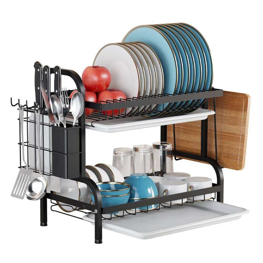2 Tier Drainer with Drainboard Dish Rack Large Capacity Household Tray Box Basket Saving Space for Small Kitchen Countertop 26H0206