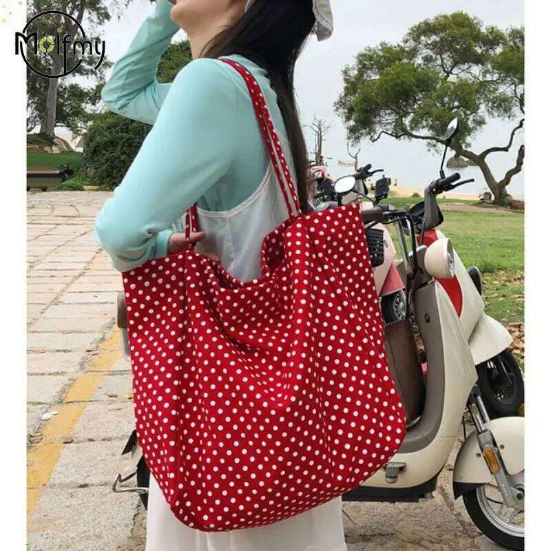 Casual Shoulder Large Capacity Canvas Shopping Bag Dot High Quality Eco Reusable Handbag for Women Totes Bags Daily Pouch Y260205