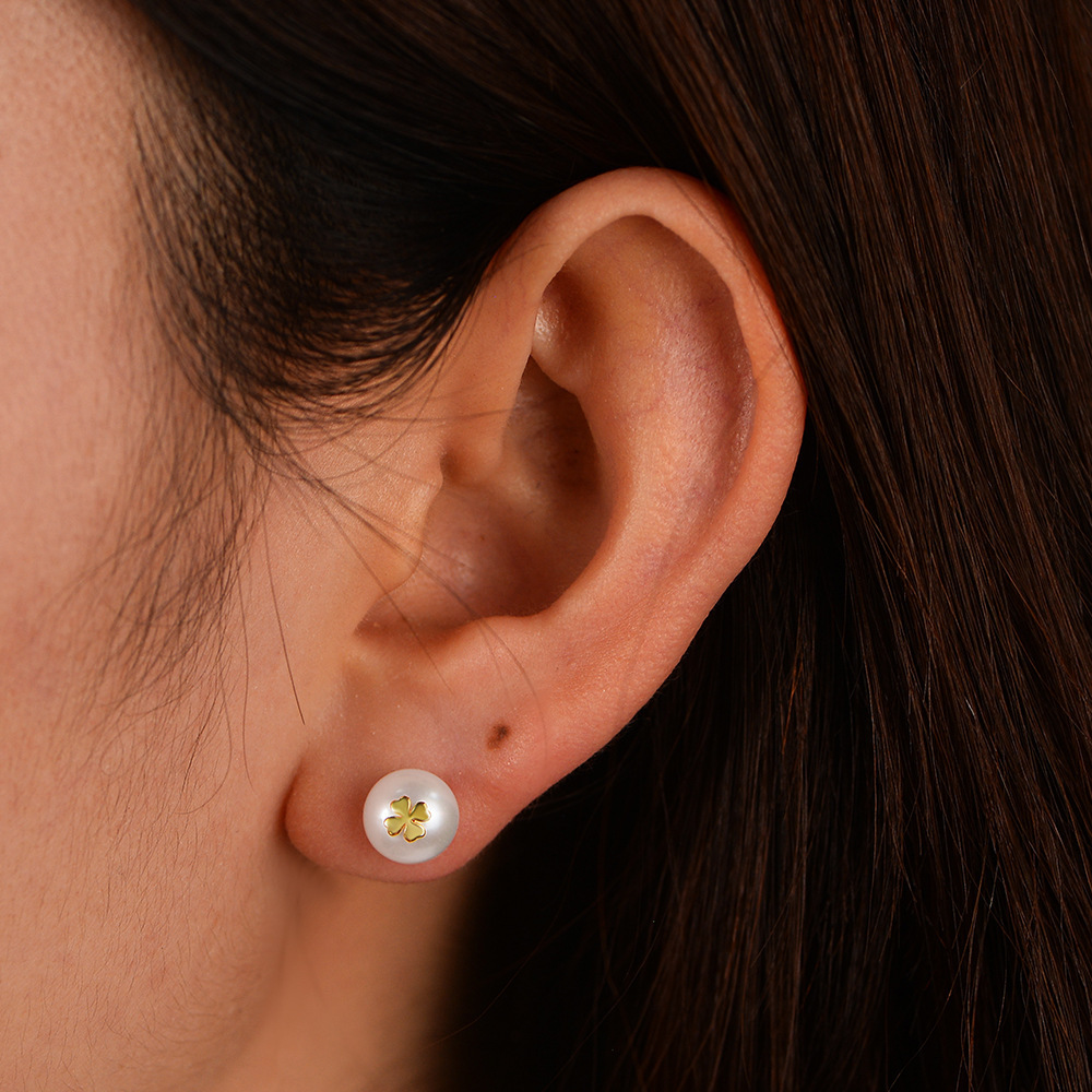 925 Sterling Silver Vintage French Natural Pearl for Women Light Luxury Ins Versatile Four-Leaf Clover Earrings Jewelry