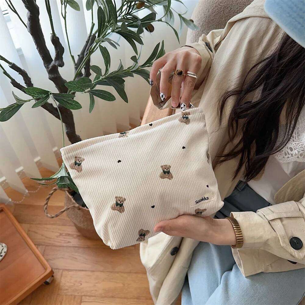New Corduroy Bear Printed Clutch Cosmetic Large Capacity Pouch Toiletries Bag Travel Outdoor Makeup Storage Y260206