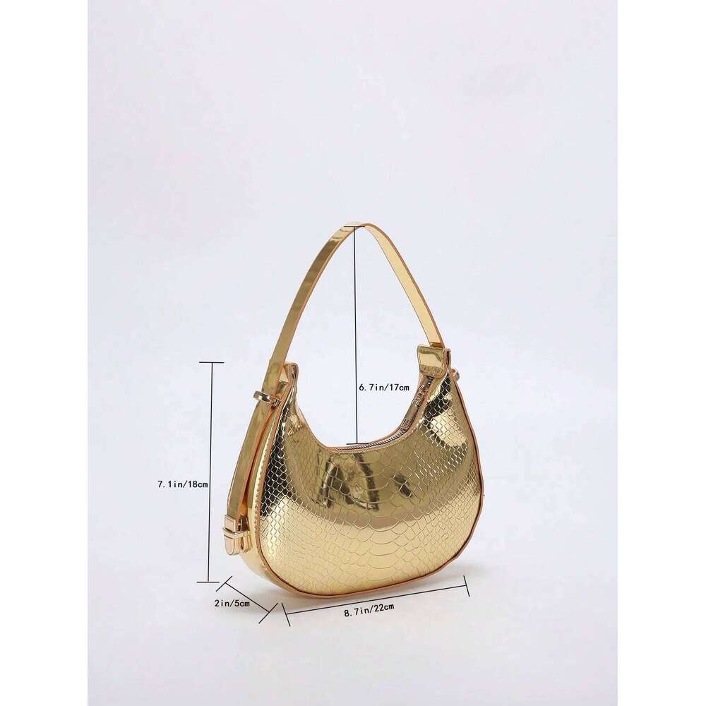Metallic Snakeskin Hobo Solid Color Crocodile Embossed Shoulder Bag, Trendy Simple Underarm Bag Handbags For Women Y260205