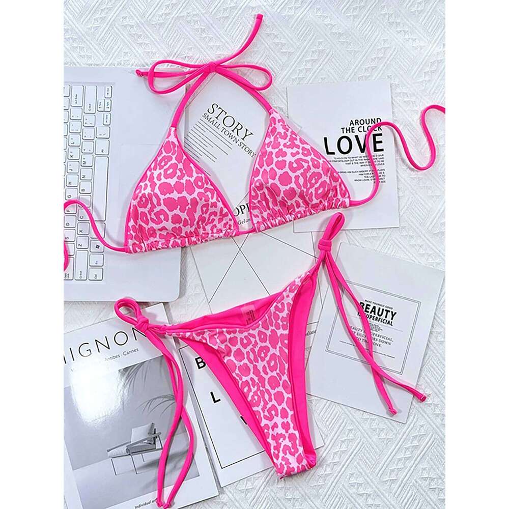 Sexy Leopard Micro Bikini 2025 Women Swimsuit Female Swimwear Thong Bikinis Set Brazilian Halter Beach Wear Lace Up Bathing Suit Z260206