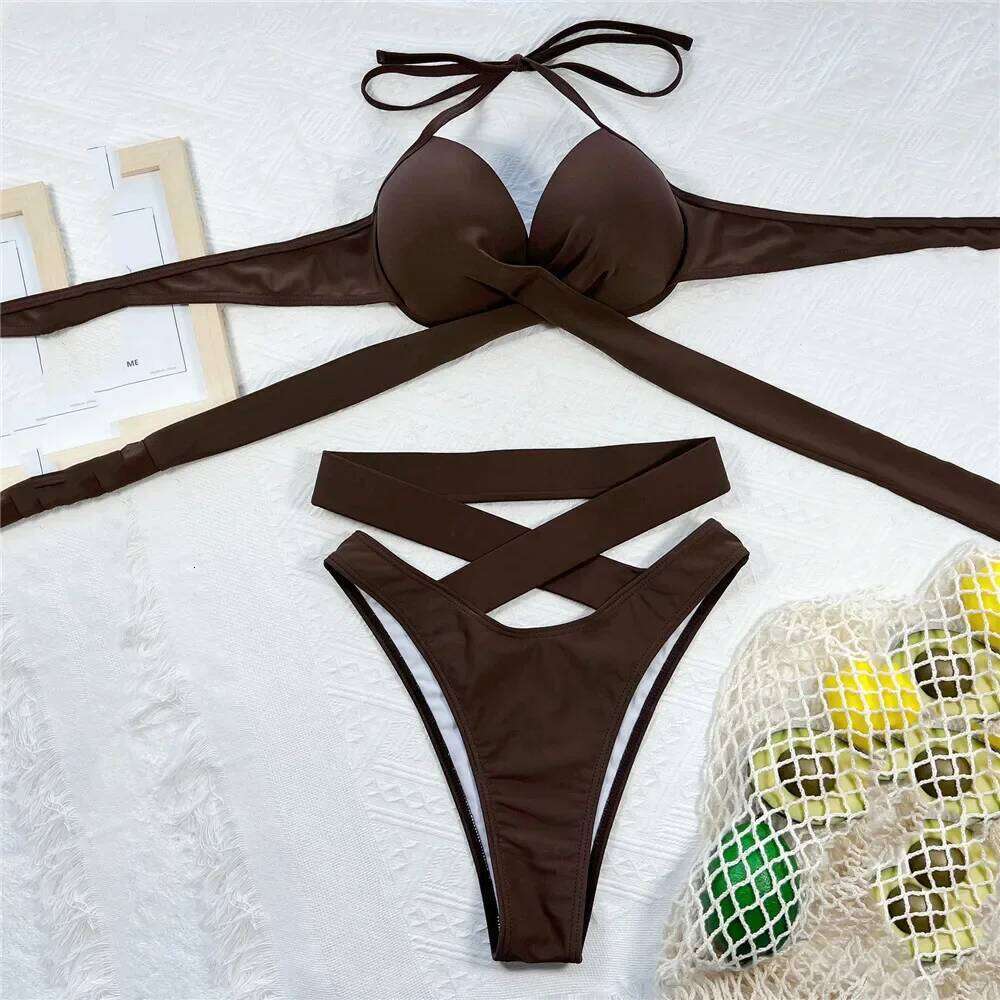 Twisted Bandage Halter Bikini 2025 Mujer High Waist Swimwear Women Swimsuit Bathing Suit Brown Brazilian Bikinis Sets Beach wear Z260206