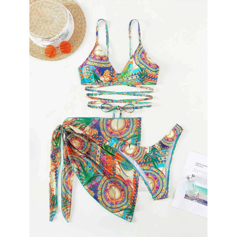 3 Pieces String Bikinis 2025 Women Sexy Swimsuit With Skirt Printed Swimwear Female Bathers Bathing Swimming Swim Suit Beachwear XJ260206