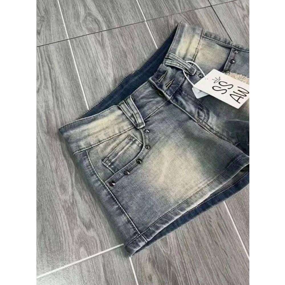 HOUZHOU Vintage Y2k Denim Women Sexy Blue Gothic Low Waist Shorts Female Punk Retro Summer Streetwear Short Jeans Slim Up XJ260206