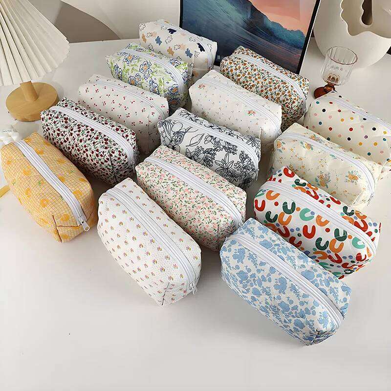 Pink Flower Printed Puffy Quilted Zipper Makeup Storage Organizer Toiletry Handbag Pouch Large Travel Cosmetic Bag Y260206