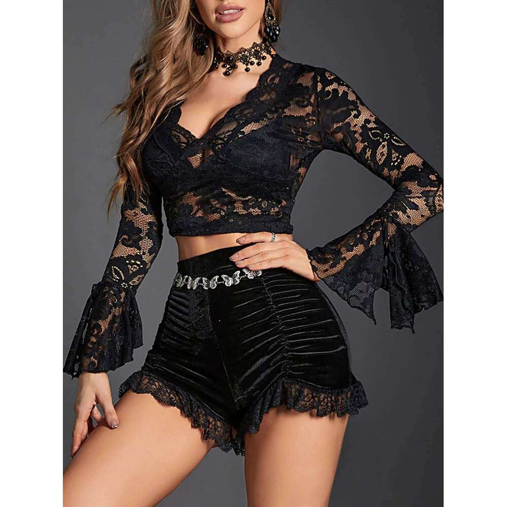 Gothic Velvet High Waist Ruched with Lace Trim Women's Fashion Shorts for Casual Wear Y2K Skinny Bottoms H260206
