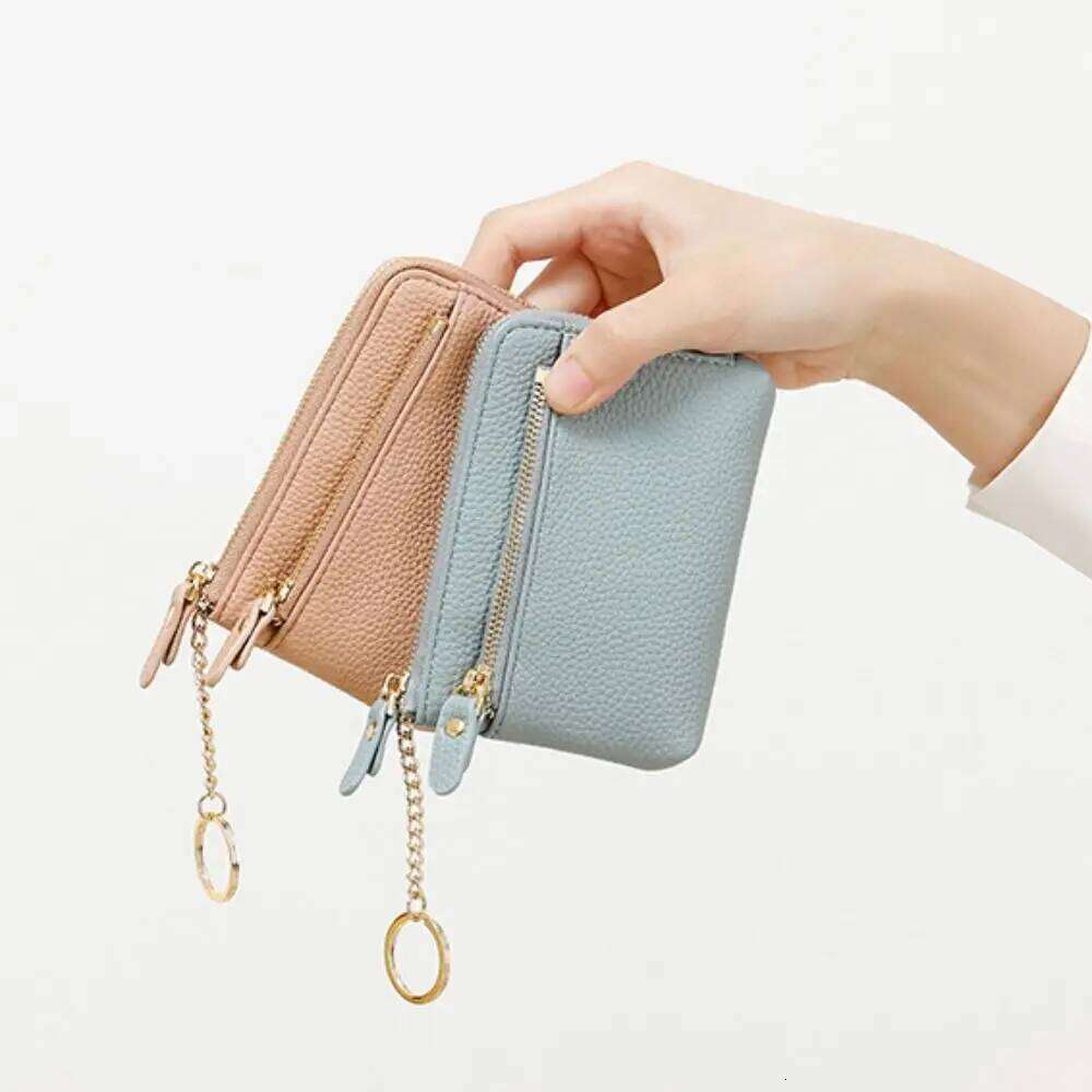 Fashion Leather Coin Purse Zipper Closure Slots Keychain Wallet Multi Functional Solid Color Card Case Casual Y260206