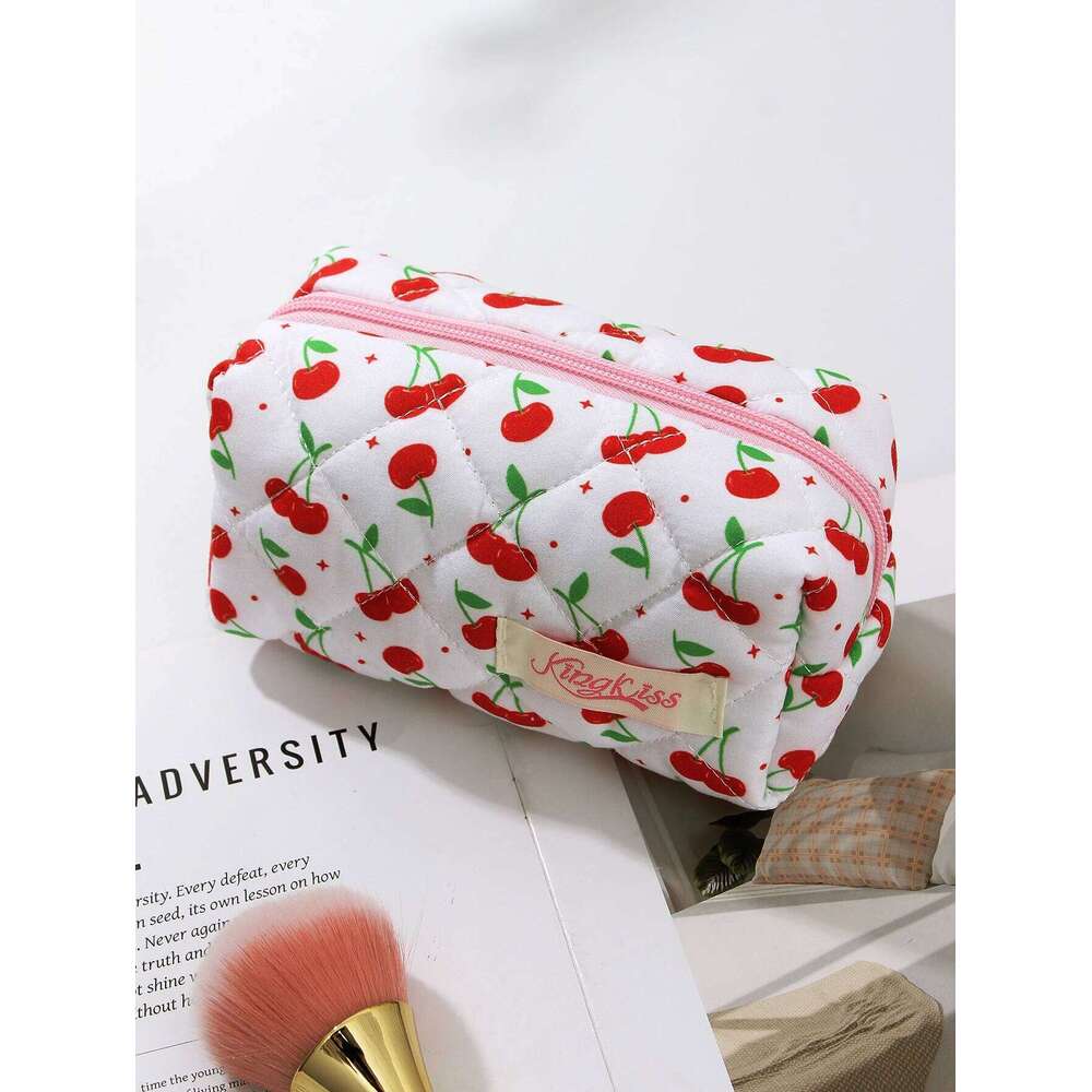 3-piece green leaf and big cherry quilted essential travel bag, cute large-capacity makeup bag Y260206