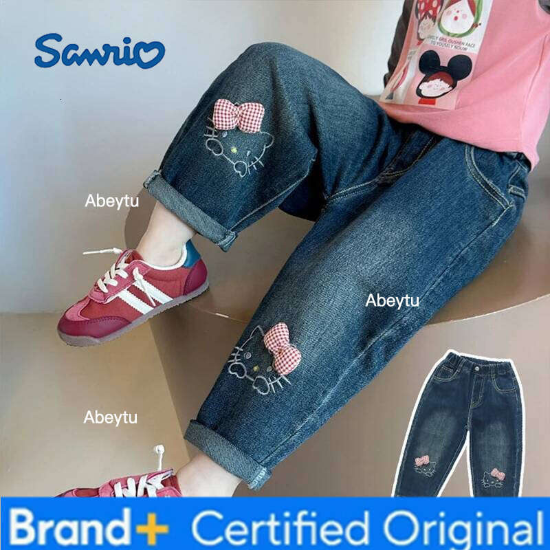 Sanrio Spring Autumn Girls Denim Pants Fashion Cartoon Hello Kitty Loose Straight Casual Trousers For 2-8 Years Kids Children Clothes H260206