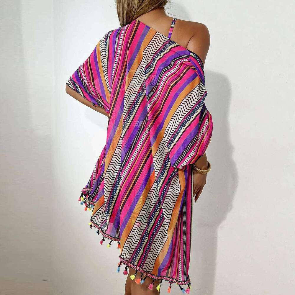 4 Pieces High Waisted Bikini Shorts 2025 Women With Kimono Beach Wear Striped Print Swimsuit Sexy Swimwear Female Bathing Suits XJ260206