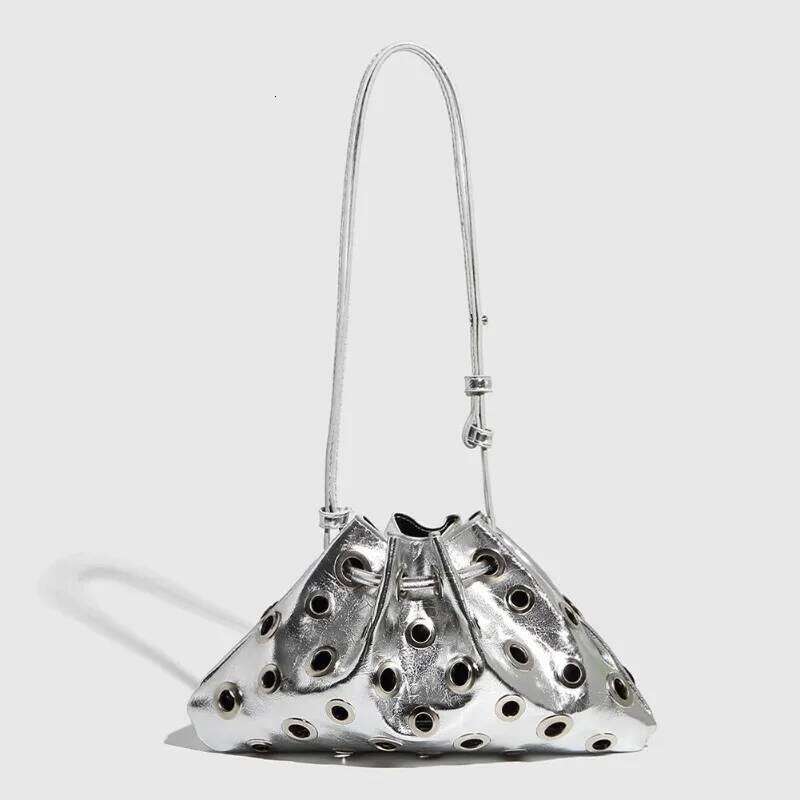 Women Metal Stud Shoulder Large Capacity Retro Hollow Drawstring Crossbody Bag Shopping Vacation Handbag Y260205