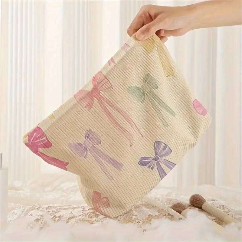 Large Bow Printed Corduroy Korean Women Zipper Makeup Storage Box Multifunctional Travel Cosmetic Organizer Bag Y260206