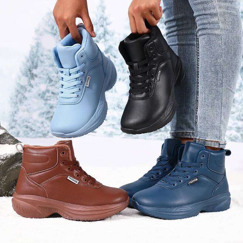 Mid-Top Wide Toe Barefoot Women Trend Artificial Leather Lace Up Walking Shoes Warm Furr Waterproof Winter Snow Sneakers