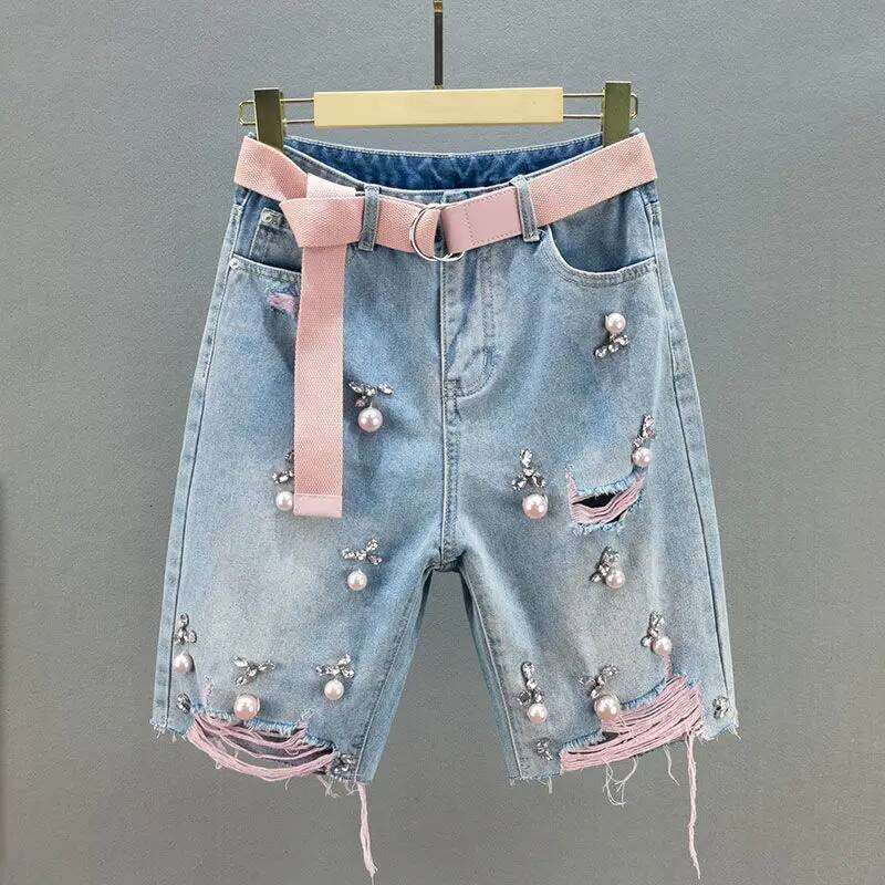 Green Hole Women Summer Pearl Decoration Raw Edge Short Jeans Chic High Waist Loose Straight Denim Shorts XJ260206