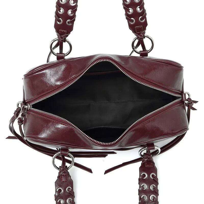 Crack Effect Crossbody Bowling Bag,Designer Punk Metal Studded Fringed Women Sling Shoulder Bag,Burgundy Rivet Tassel Handbag Y260205