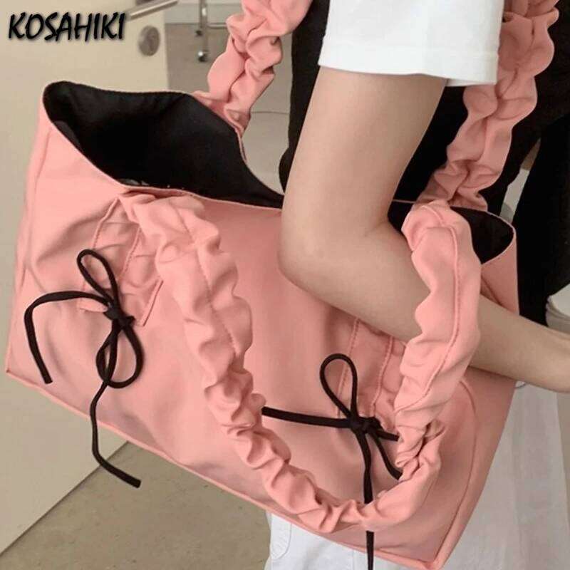 Korean Chic Sweet Y2k Aesthetic Shoulder Bags Fashion Women All Match Bow Pleated Handbags Simple Office Lady Underarm Bag Y260205
