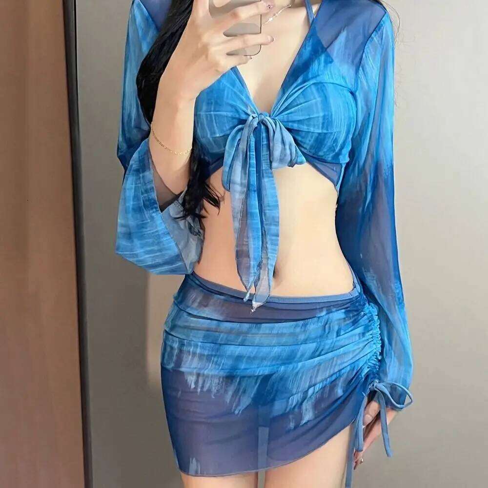 Tie Dye Bikini Mesh Long Sleeve Pleated Swimsuit Drawstring Mini Skirt Side Ruched Swimwear Set Summer Wear Z260206