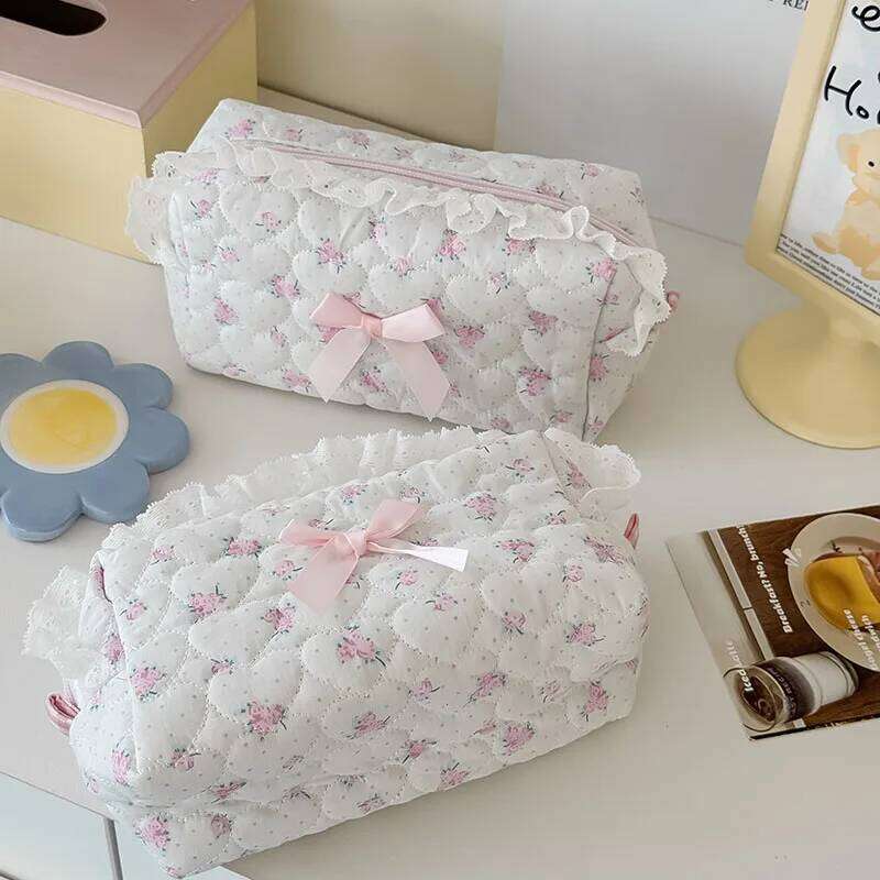 Pink Rose Sweetheart Storage Bag Aesthetic Cute Lace Trim Makeup Pouch Large Capacity Vintage Cosmetic Organizer Bags Y260206