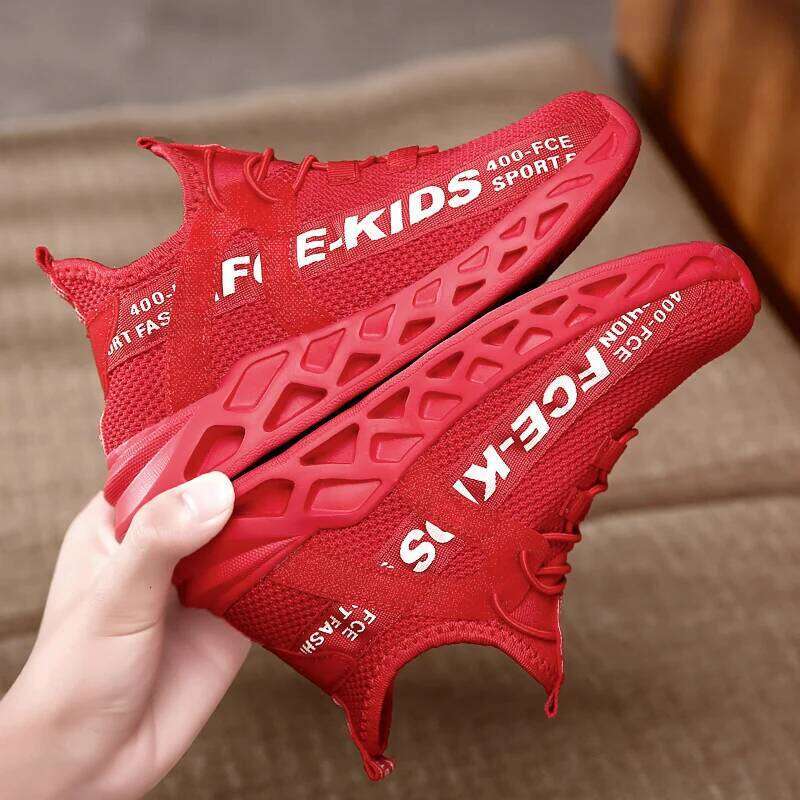 Red Children's Shoes Sports Running Sneakers Breathable Lightweight Soft Non-slip Mesh Comfortable Walking For Boys Girls Kids 26Y0206