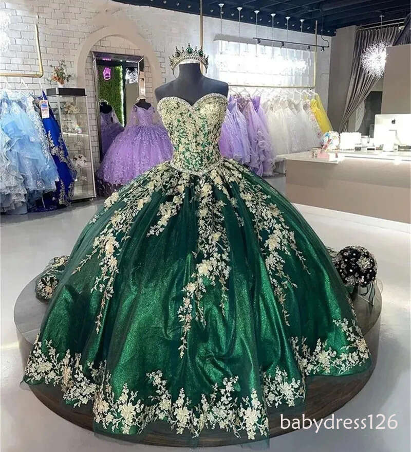 Emerald Green Quinceanera Dresses with Gold Lace Applique & Crystals, Sweetheart Lace-up Princess Gown