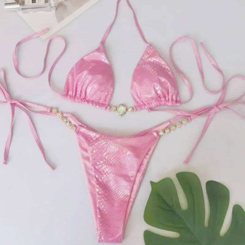 Pink Sexy Bikinis Swimsuits With Rhinestones Women Swimwear Female Push Up Bikini Beach Swim Wear Bathing Suits Pool Bather 2025 XJ260206