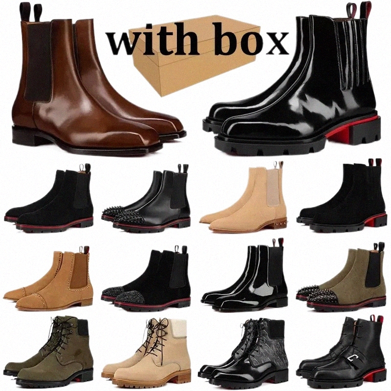 with box designer boots for men classic high-top shoes patent leather rivets black white brown rainboots mens trendy half boot 42O7#