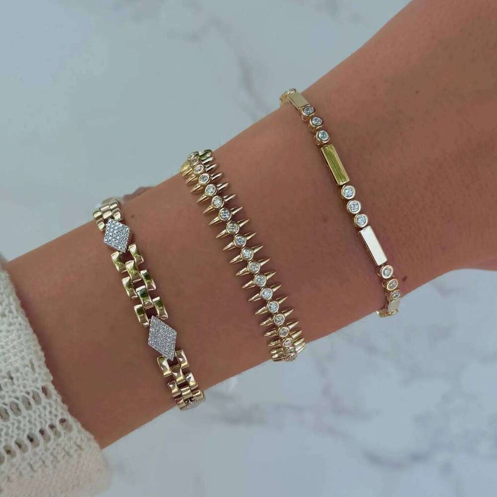 2025 New Fashion Women Gold Color Bezel Sparking CZ Spiked Charm Tennis Chain Bracelet Rock Punk Cool Jewelry 26H0206