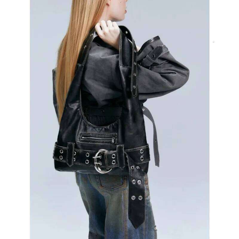 Belt buckle Women Luxury Designer Handbag And Purses PU Rivet Multiple Pockets Y2K Large Capacity Shoulder bags big totes Y260205