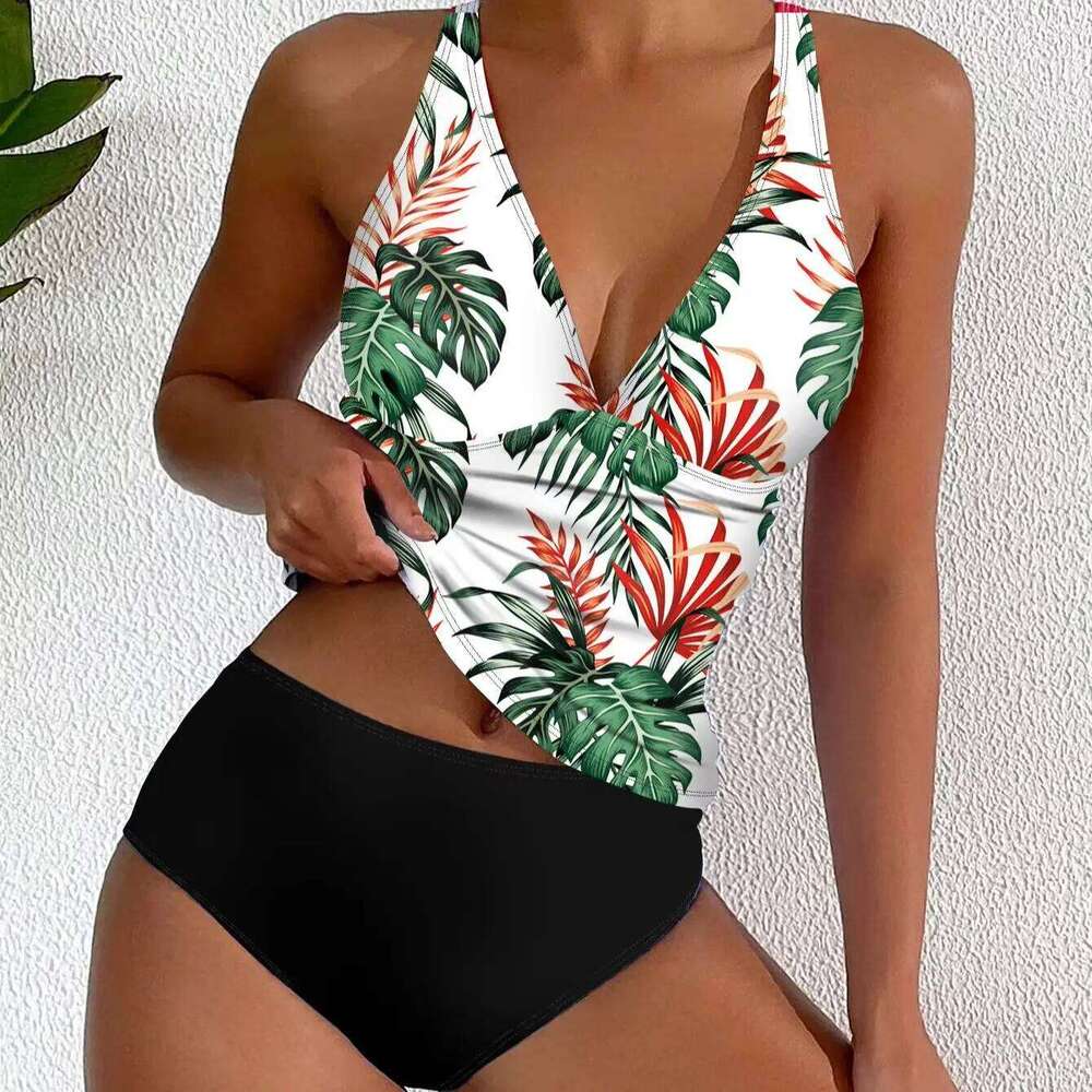 2025 Sexy Deep V Bikini Set Strappy Halter Swim Top & High Waist Panties Women's Printed Two Piece Swimsuit Beach Bathing Suit Z260206