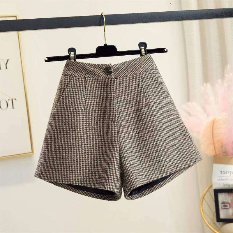 Wool Houndstooth For Women Autumn Winter New Arrival High Waist A Line Wide Leg Slim Fit Outerwear Boot Shorts XJ260206