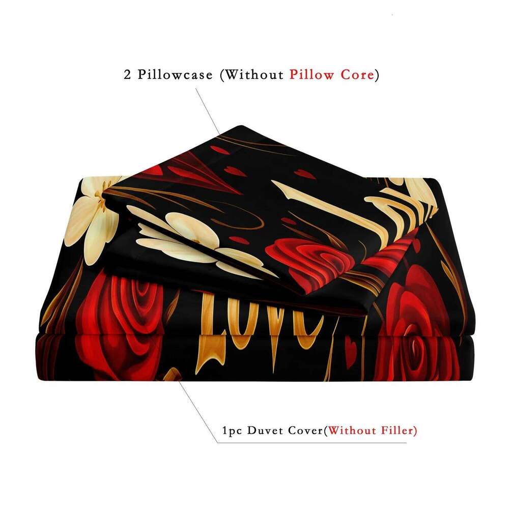 3pcs Romantic Deep Red Love Heart Rose Letter Design Theme Pattern Duvet Cover Set Can Be Used As Holiday Gifts XJ260206