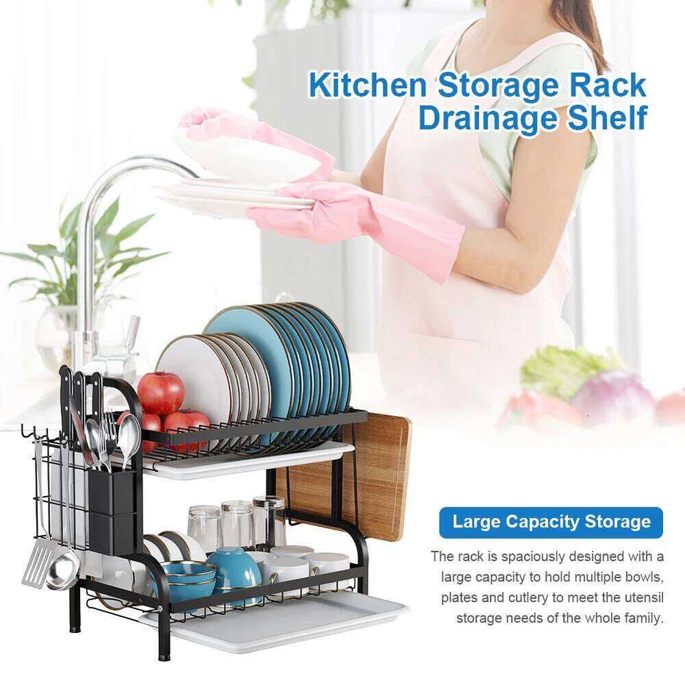 2 Tier Drainer with Drainboard Dish Rack Large Capacity Household Tray Box Basket Saving Space for Small Kitchen Countertop 26H0206