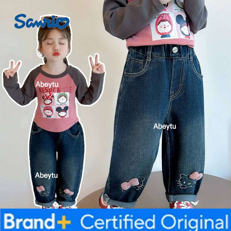 Sanrio Spring Autumn Girls Denim Pants Fashion Cartoon Hello Kitty Loose Straight Casual Trousers For 2-8 Years Kids Children Clothes H260206