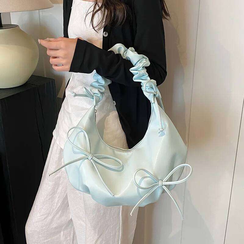 INS Simplicity Korean Sweet Hobo for Student Girl Solid Color Bow Ribbon Shoulder Large Capacity Commuter Storage Bag Y260205