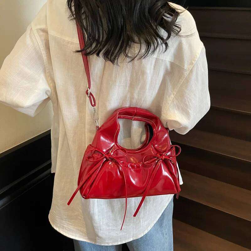 Luxury Brand PU Leather Pleated Women's Handbag Square Sweet Elegant Crossbody Boston Tote Casual Bow Bucket Shoulder Bag Y260205