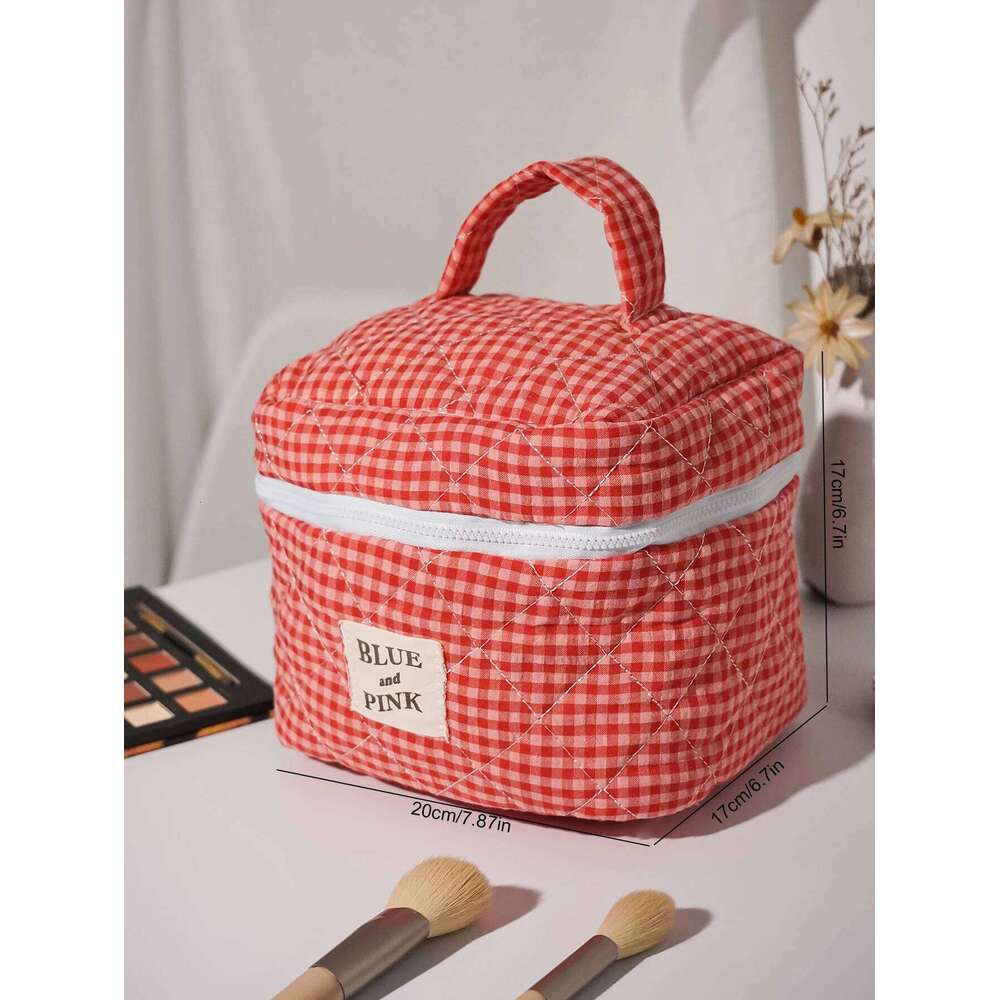 Large Capacity Cotton Makeup Women Checkered Brushes Storage Sweet Cute Travel Toiletry Bag Casual Ladies Soft Organizer Y260206