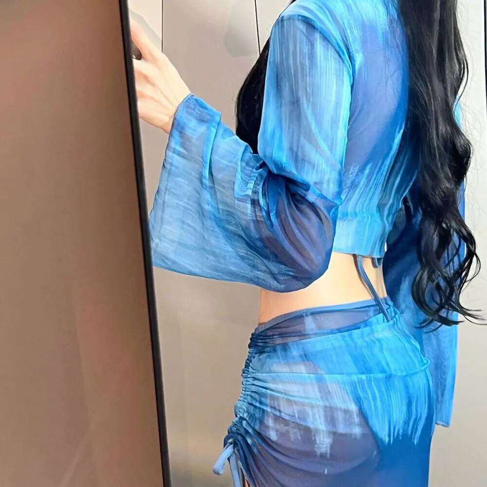 Casual Style Tie Dye Bikini Mesh Long Sleeve 4 Piece Swimsuit Pleated Skirt Side Ruched Swimwear Set Beachwear XJ260206