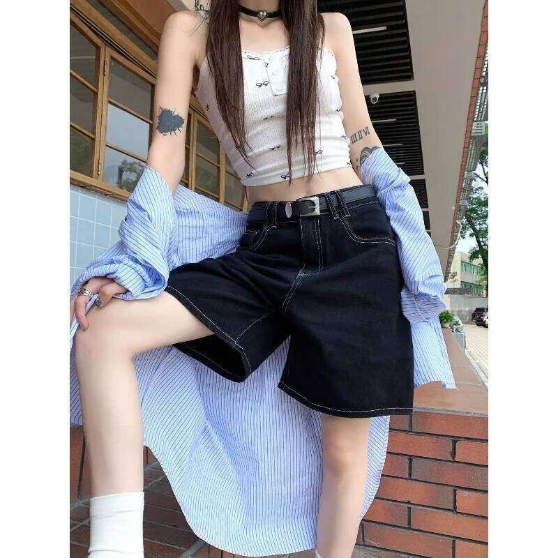 Denim Women's Straight Hong Kong Style Loose Black Mid-pants Summer Thin High-waisted Mid-length Shorts XJ260206