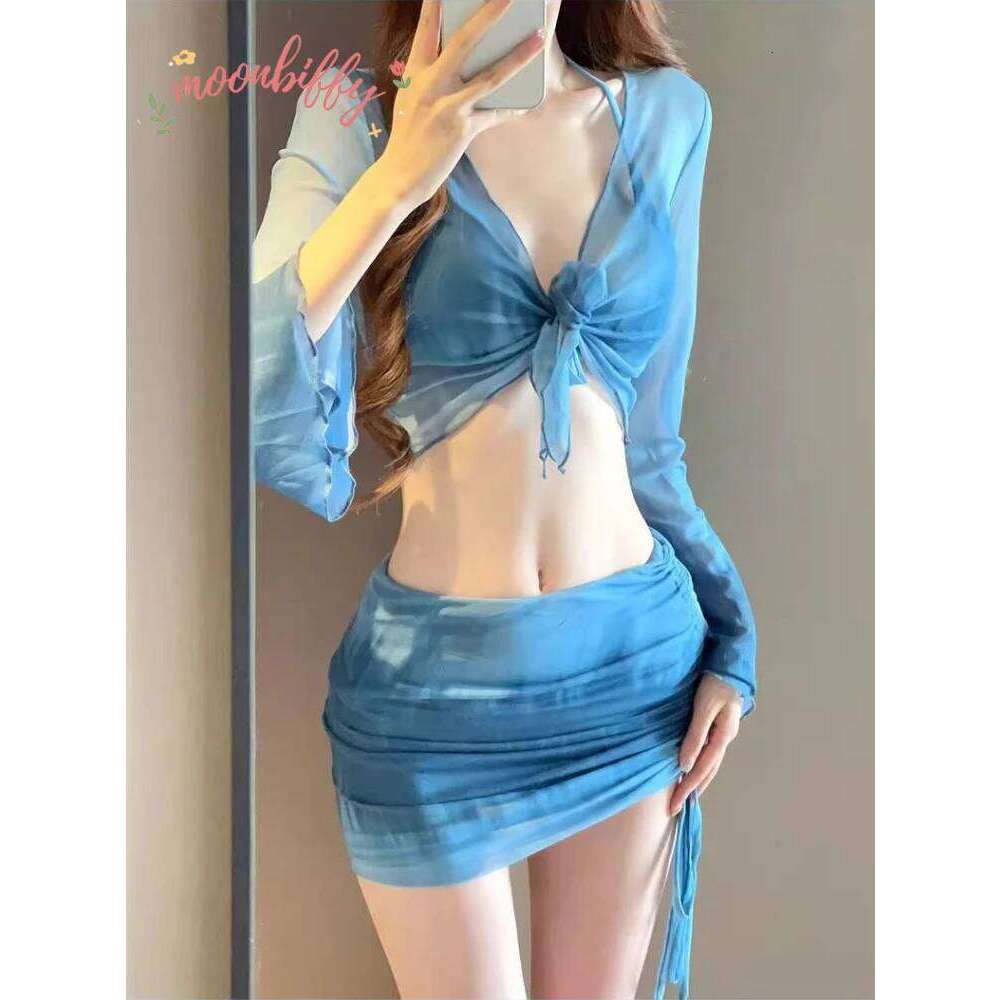 Korean 4 Piece Bikini Set Women Blue Tie Dye Mesh Long Sleeve Cover Up with Pleate Skirt Swimsuit Beach Bathing Suit Swimwear Z260206