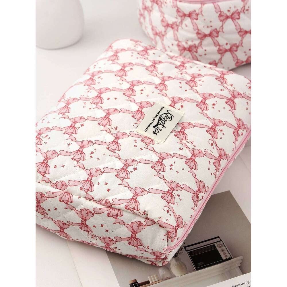 1pc/set Pink Mermaid Bow Quilted Essential Bag for Toiletries Storage, Travel Storage Makeup Bag, Multifuncti Y260206