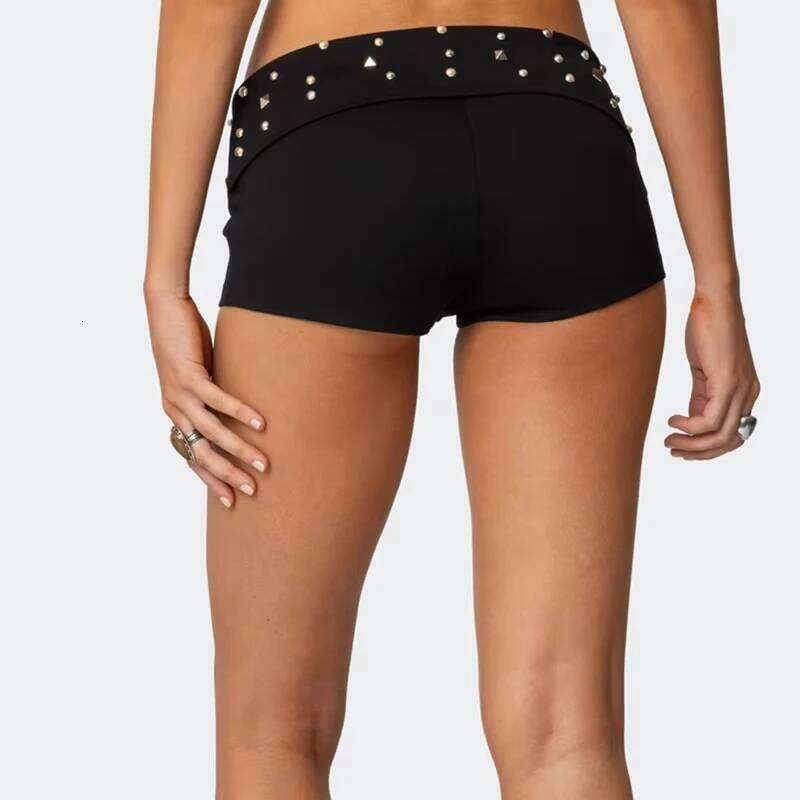 Women Y2K Studded Foldover Vintage Summer Boxer Low Waist Slim Fit Micro Shorts Party Clubwear Skinny Bottoms XJ260206