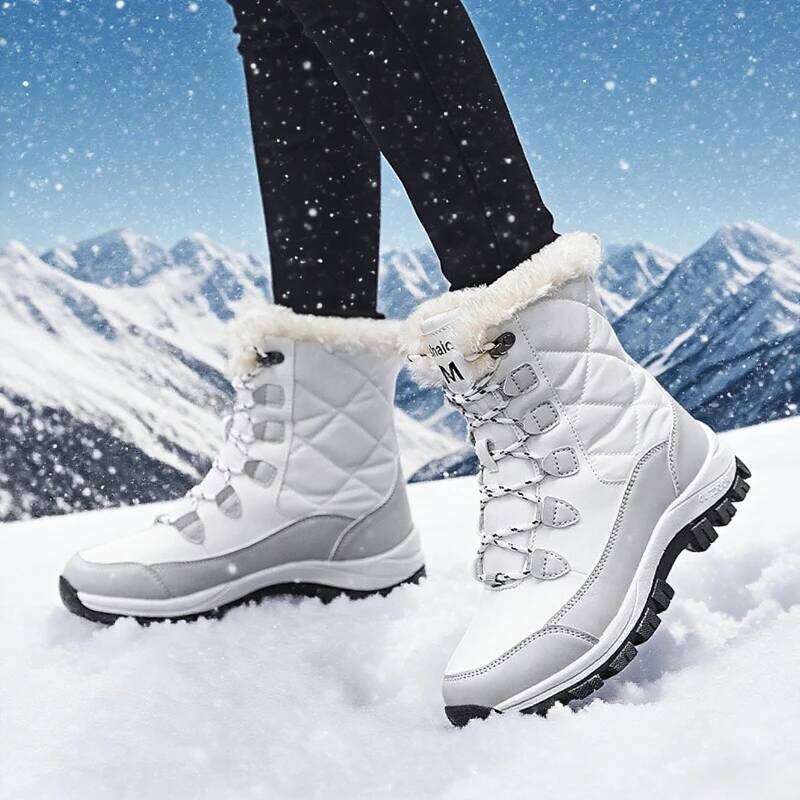 Warm Elegant Thick Cotton Fleece Anti Slip Outdoor Hiking Shoes Comfortable Platform High Top Women's Bare Boots