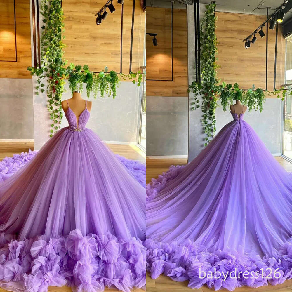 Dresses Purple A Line Tulle Spaghetti Beaded Wedding Dress Custom Made Sweep Train Vestidos De Novia