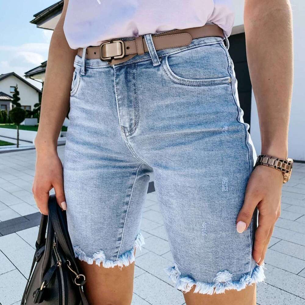 Summer New Fringed Design Mid-length Jeans. Ladies' Street Fashionable Washed Ripped, Slim-fit Straight Leg Casual Denim Shorts C260206