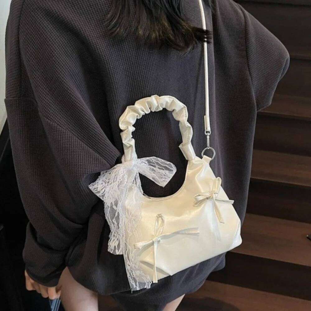 Fashion Cloud Evening Handbag Pleated Beige Bow PU Shoulder Lace Ribbon Large Capacity Underarm Bag Travel Y260205