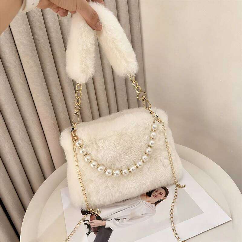 Fashionable Pearl Rabbit Fur Handbag Women's Crossbody Chain Design Winter Small Versatile Shoulder Bag XJ260129